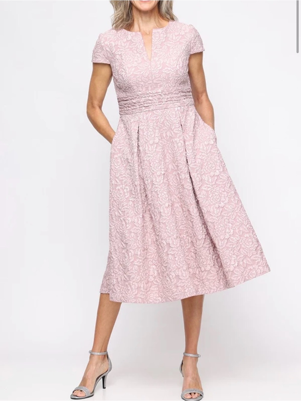 Alex Evenings Blush Pink Lace Midi Dress with Cap Sleeves